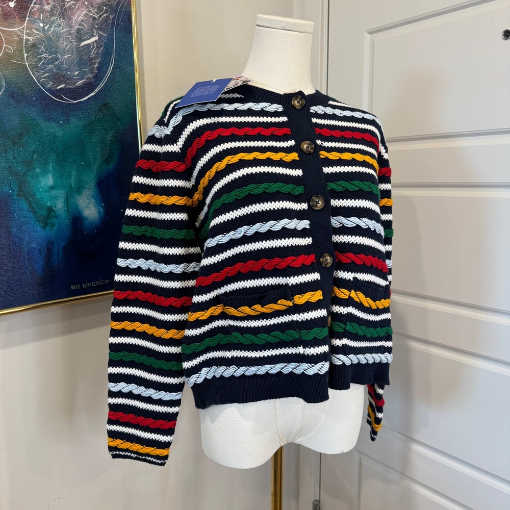 La Ligne x Target Navy Multicolor Striped Cable Knit Cotton Cardigan Large NWT